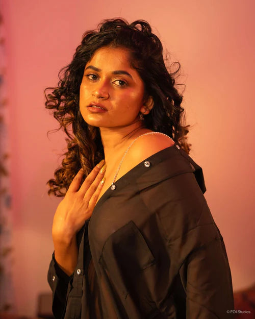 Rekha — Three-Piece Sheer Button-Front Shirt Set with Bottom & Shoulder Chain