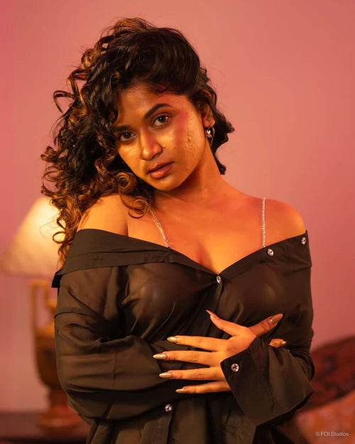 Rekha — Three-Piece Sheer Button-Front Shirt Set with Bottom & Shoulder Chain