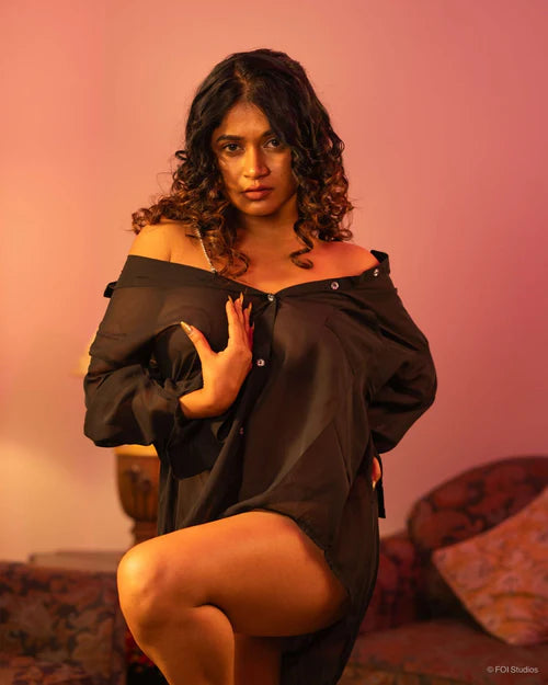 Rekha — Three-Piece Sheer Button-Front Shirt Set with Bottom & Shoulder Chain