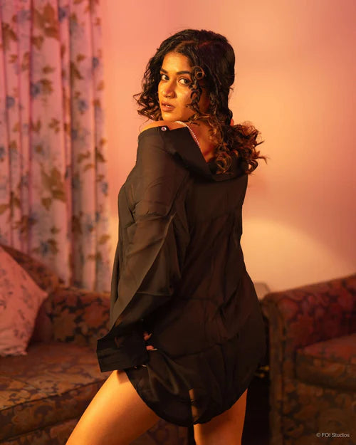 Rekha — Three-Piece Sheer Button-Front Shirt Set with Bottom & Shoulder Chain