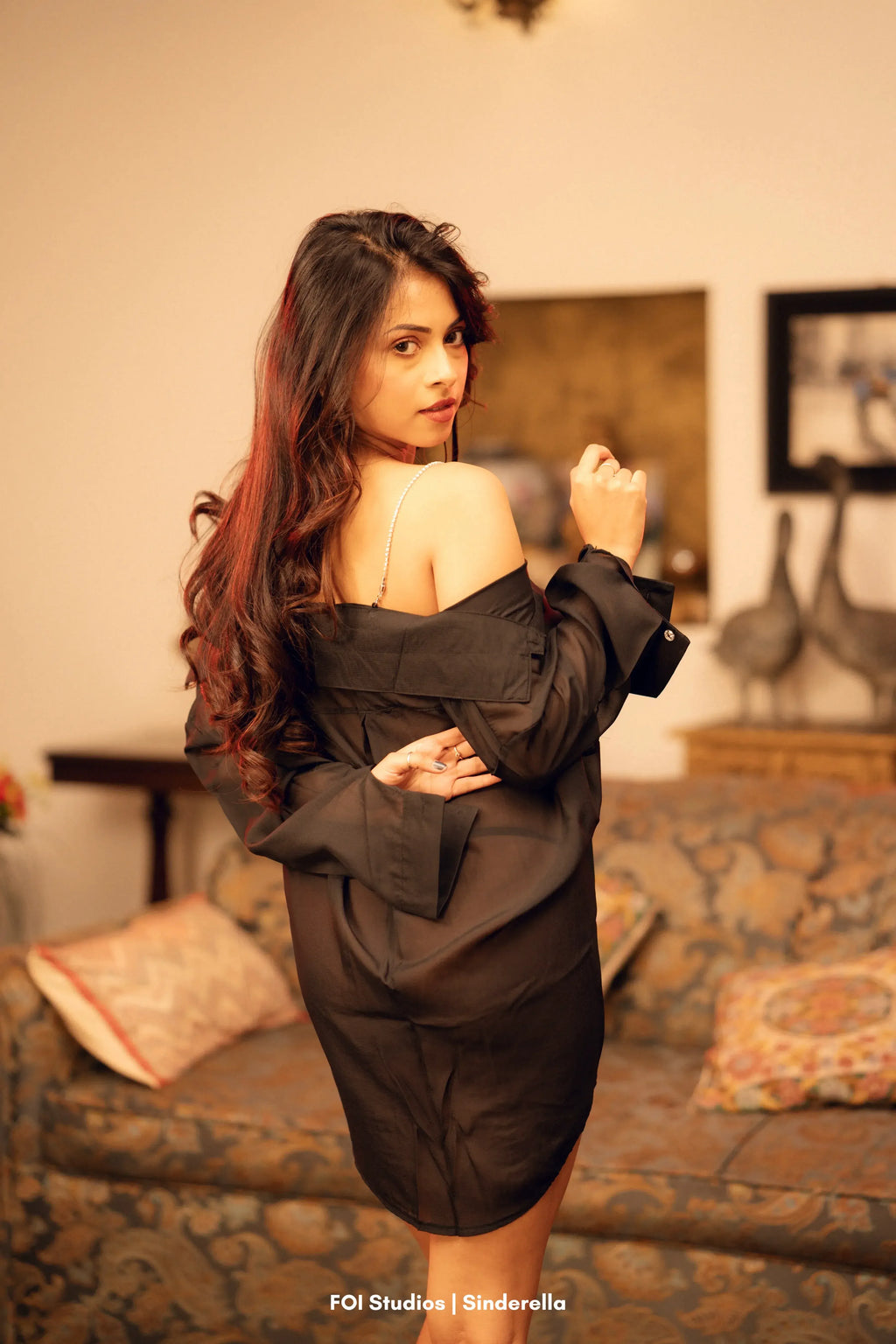 Rekha — Three-Piece Sheer Button-Front Shirt Set with Bottom & Shoulder Chain